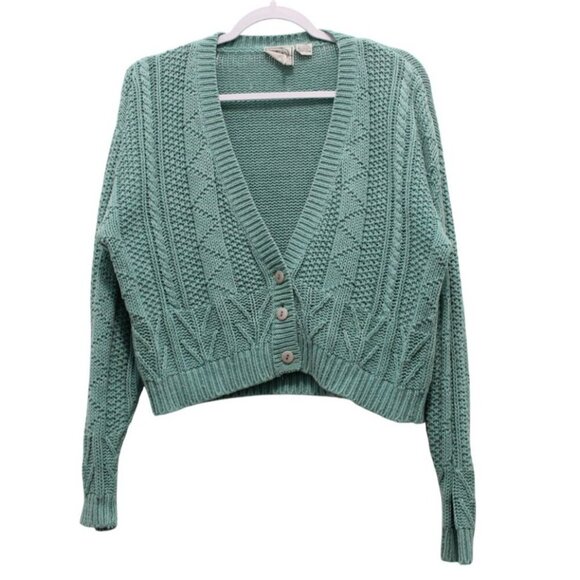 Vintage 90s Cardigan Sweater Small Chunky Cable Knit Fisherman Grandmacore Ramie - Picture 1 of 12
